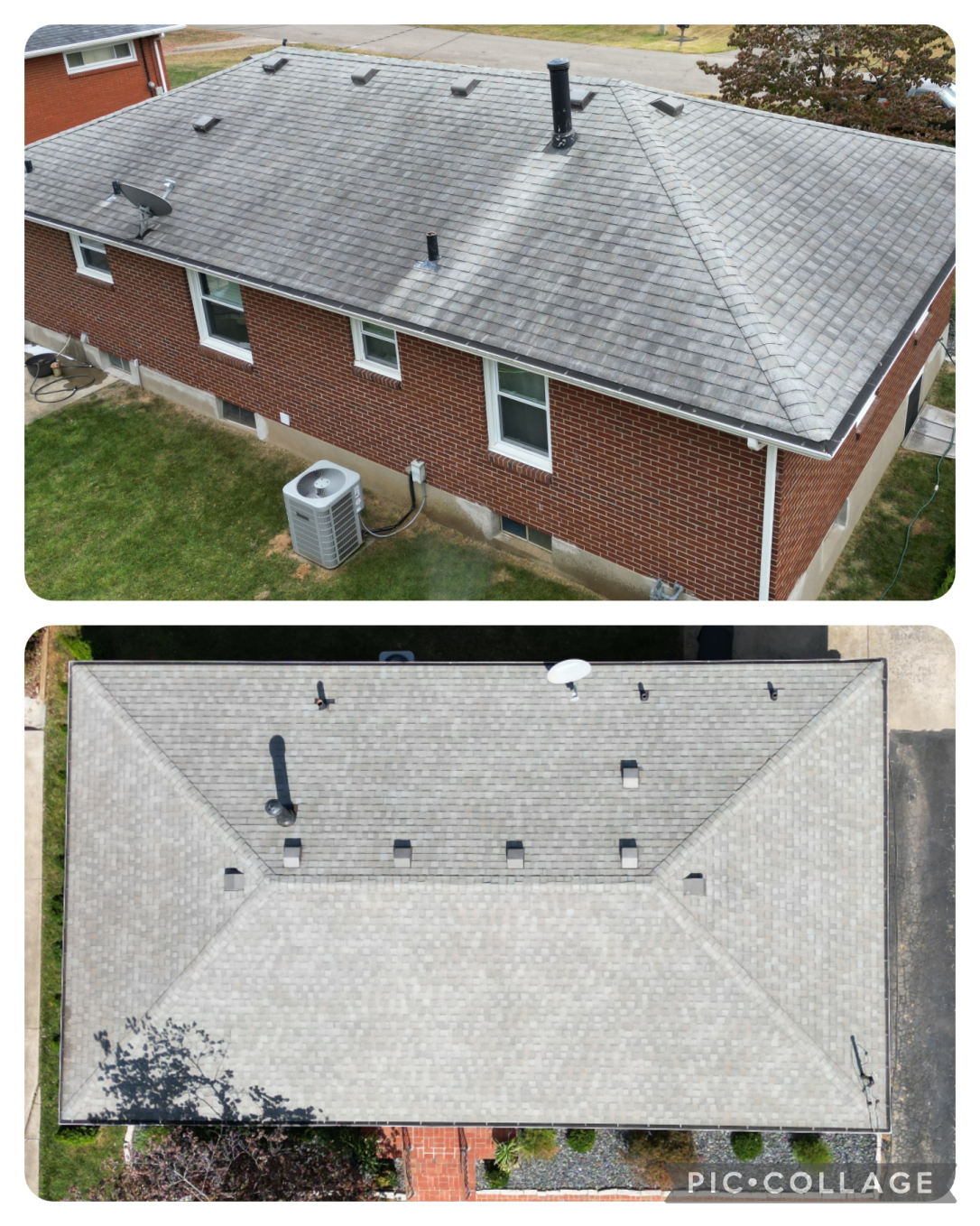 Before and after roof cleaning: stained shingles above and cleaned shingles below